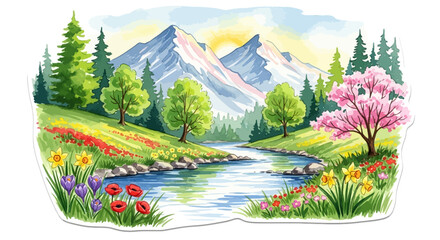 Watercolor illustration of a spring mountain landscape with winding river © Sendang