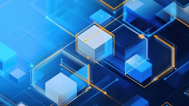 Blue and gold cube data structure with glowing circuit lines and layered digital blocks, futuristic technology visual for cloud systems and corporate design.