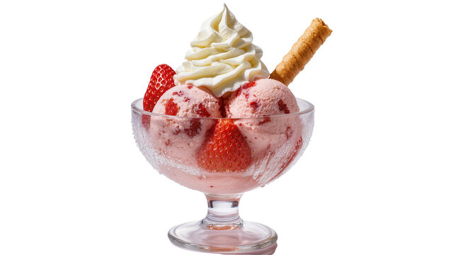 Strawberry ice cream sundae with whipped cream and wafer, isolated on transparent background