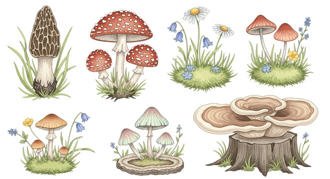 Watercolor illustration of various mushrooms, toadstools, and wildflowers.
