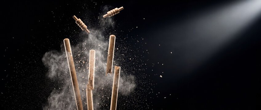 Crayons or chalks flying through the air with powder exploding on a dark background with a beam of light