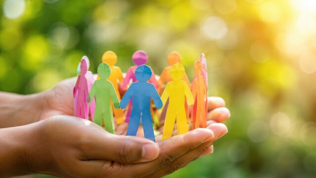 hands protecting colorful paper people circle, diversity unity and employee care concept
