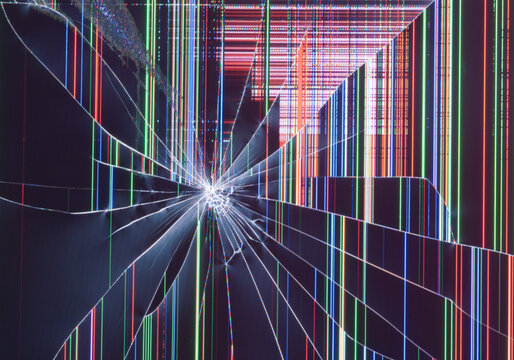 Glitch art with colorful digital distortion effect on a broken screen display with radial cracks and vibrant stripes