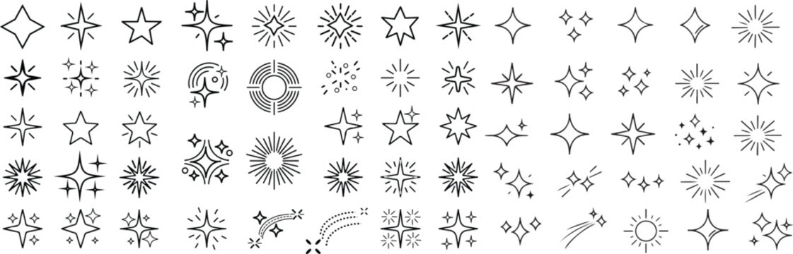 sparkle and starburst line icon set. starburst line icon set with thin black editable stroke, bling stars sparkles signs.: Minimalist decorative design shine sparkle 