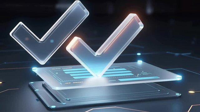 Futuristic digital checkmarks floating over transparent interface panels