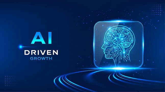 AI driven growth technology vector banner with futuristic microchip interface and glowing digital road on dark blue background. Modern artificial intelligence presentation template for business new