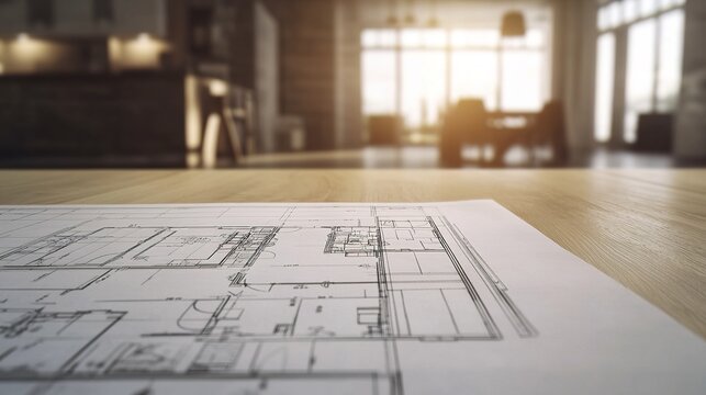 drafting. Architectural floor plan on drafting table in a minimalist studio workspace. real-estate listings, architecture portfolios, designed for interior renovation comparisons for interiors.