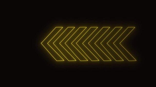 Abstract neon flashing Yellow light back arrow loading animation. Left arrow for road direction. neon arrow moving left on black background.
