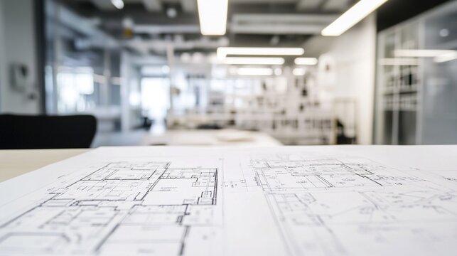drafting. Architectural floor plan on drafting table in a minimalist studio workspace. real-estate listings, architecture portfolios, designed for interior renovation comparisons for interiors.