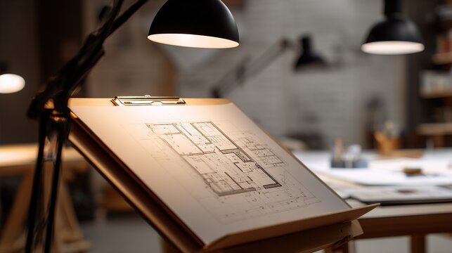 drafting. Architectural floor plan on drafting table in a minimalist studio workspace. real-estate listings, architecture portfolios, designed for interior renovation comparisons for interiors.