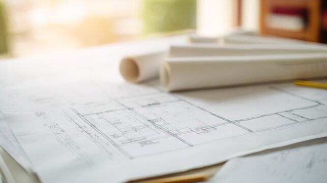 drafting. Architectural floor plan on drafting table in a minimalist studio workspace. real-estate listings, architecture portfolios, designed for interior renovation comparisons for interiors.