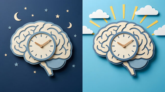 Split day and night illustration with brain and clock symbols, showing circadian rhythm, sleep wake cycle, biological timing, and body clock health
