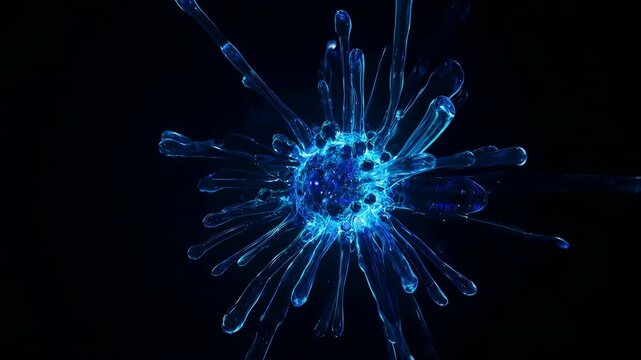 Surreal abstract bioluminescent blue crystalline fluid forming a bacteriophage virus, clean dark background