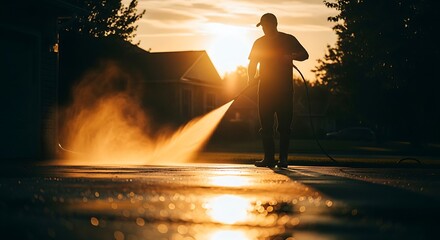 Fototapeta premium Man Pressure Washing Driveway at Sunset Golden Hour