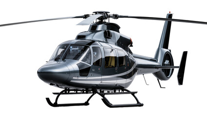 Sleek modern luxury helicopter with polished metallic finish, isolated on transparent background © Veaceslav