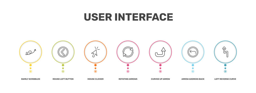 user interface icon set with swirly scribbled arrow, round left button, arrow address back, left reverse curve signs in flat outline style