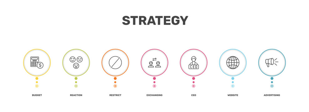 strategy icon set with budget, reaction, website, advertising signs in flat outline style