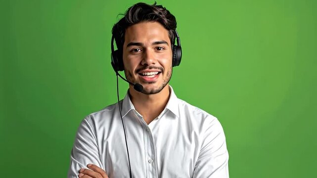 A professional customer service representative wearing a headset against green background