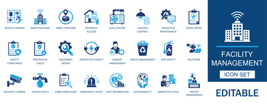 Facility management and smart building ecosystem icon set. Featuring property access maintenance, safety compliance, asset tracking, and business operations symbols.