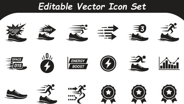 Sport energy and running performance icon pack with athletes training exercise lightning
