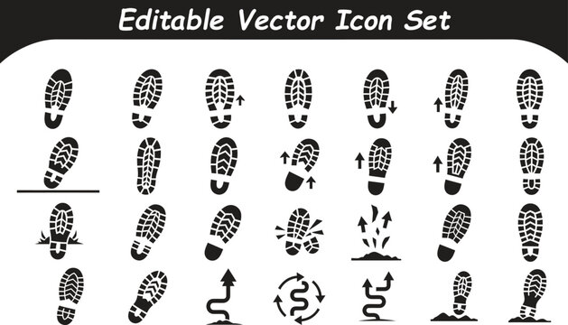 Shoe sole footprint and tread pattern icon collection with footprint direction movement graphics