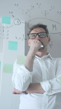 Thoughtful businessman wearing glasses concentrating on complex project plan. Analyzing strategy. Working with sticky notes and flowcharts on a clear glass board