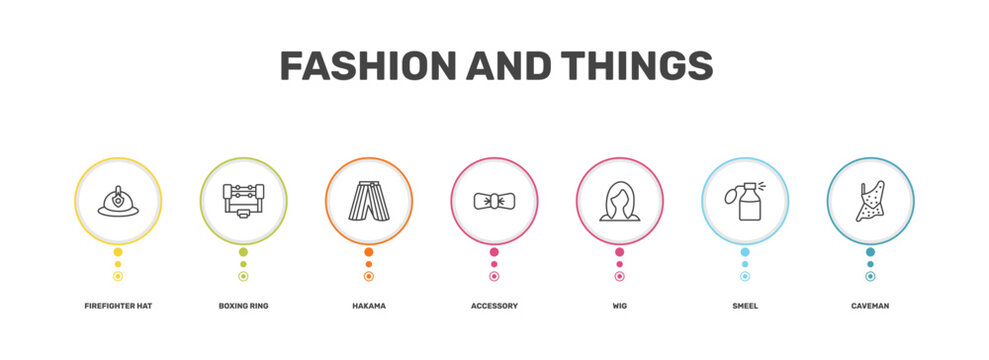 fashion and things icon set with firefighter hat, boxing ring, smeel, caveman signs in flat outline style