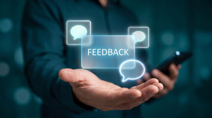 Obraz premium Man Holding Smartphone to Display Feedback Speech Bubble, Collect Customer Opinion, Receive Service Response, and Engage Communication Channel, Focusing on User Feedback, Client Engagement