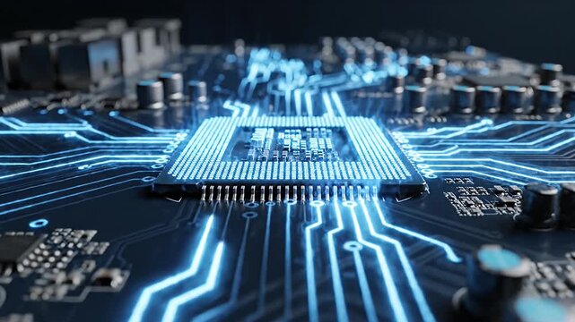 High performance microprocessor on blue glowing motherboard circuit board.