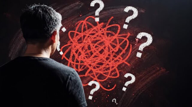 Rear view of a professional strategy consultant staring at a messy red scribble with question marks on a dark wall, concept for mental health awareness, problem solving and creative brainstorming