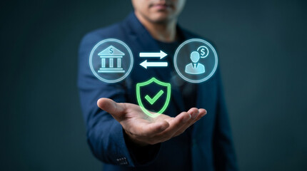 Fototapeta premium Businessman Displaying Secure Banking Hologram to Transfer Fund, Protect Transaction, Verify Account, and Shield Financial Data, Focusing on Digital Banking Security, Payment Protection
