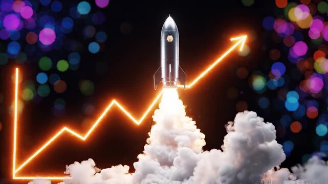 Rocket launching from circular target with glowing orange growth chart arrow on colorful bokeh background, concept for business startup growth, financial success and achievement marketing