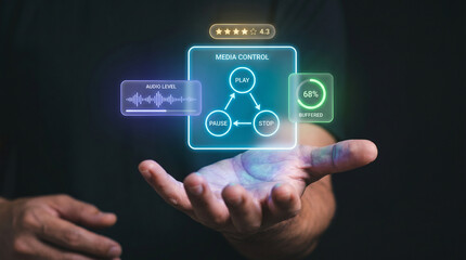 Fototapeta premium Hand Presenting Media Control Dashboard With Play Pause Stop Buttons to Monitor Audio Level Waveform, Track Buffered Percentage, and View Star Rating, Focusing on Multimedia Interface, Playback