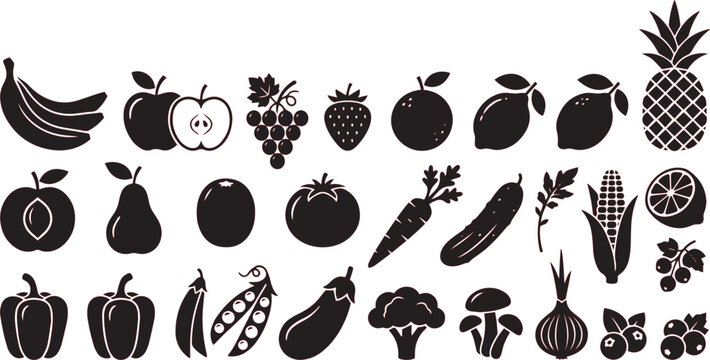 Produce silhouettes consisting of diverse fruits and vegetables provide a collection of flat icons.