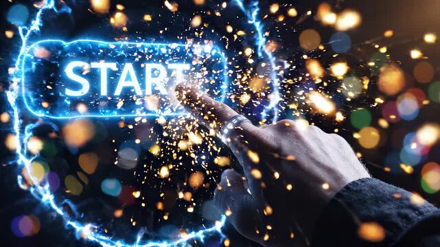 Entrepreneur finger touching glowing blue virtual start button on futuristic interface with colorful bokeh background, concept for business launching, digital transformation and career development