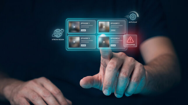 Hand Selecting Episode Thumbnail on Streaming Grid to Check Stream Region, Resolve Low Buffer Warning, and Enable Auto-Play Mode, Focusing on Content Delivery, Streaming Platform
