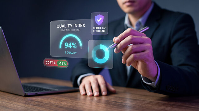 Businessman Analyzes Quality Index Dashboard to Monitor Certified Efficiency, Reduce Cost Percentage, and Optimize Performance Donut Chart, Focusing on Quality Improvement, Cost Reduction Strategy