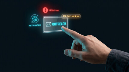 Obraz premium Recruiter Pressing Outreach Button to Send Urgent Role Notification, Activate Matching Algorithm, Select Top Pick Candidates, and Initiate Contact Campaign