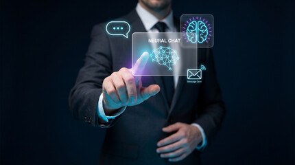 Obraz premium Businessman Touching Neural Chat Interface to Access Brain Network, Send Messages, Initiate Conversations, and Connect Communication Channels, Focusing on Robot Chat, Neural Language Processing