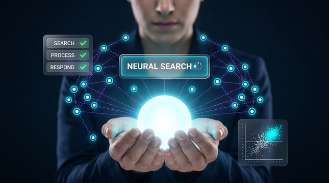Man Cupping Glowing Orb to Activate Neural Search Engine, Verify Processing Checkpoints, Analyze Data Scatter Plots, and Complete Response Workflows