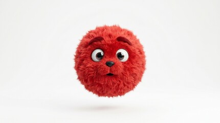 Fototapeta premium A curious red furry ball character floating on a white background, featuring raised eyebrows, attentive eyes, realistic fur, and an inquisitive expression.