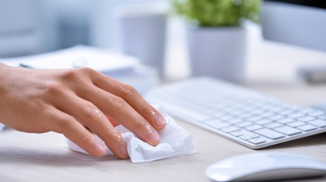 Benefits of Antibacterial Wipes. Hand wiping a desk with a tissue near a keyboard and mouse in a clean office setting.