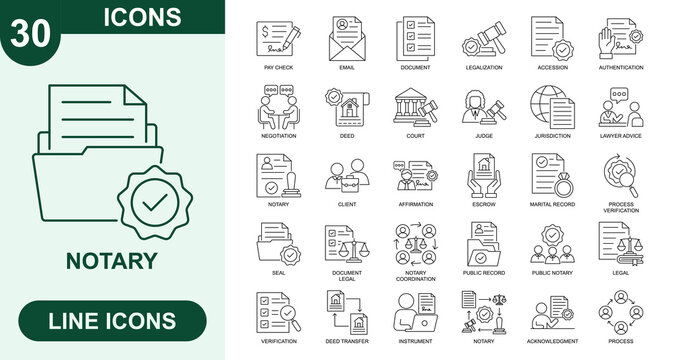Notary, Outline Vector Icons. Editable Stroke Icons Set. pay check, email, document, legalization, accession, authentication, negotiation, deed, court, judge and more