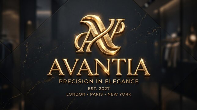 Luxury gold logo for Avantia Precision in Elegance, premium 3D metallic branding on dark marble background, high-end fashion boutique signage