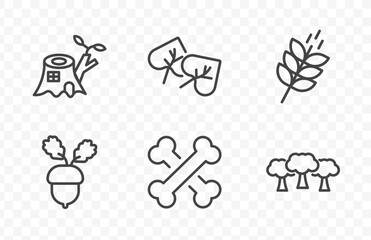 nature icon set with stump house, cercis leaf, death, woods signs in flat outline style © Abstract