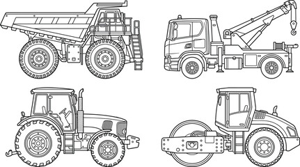 Heavy Machinery and Construction Vehicles Vector Icon Set Featuring Outline Line Art Dump Truck Tow Truck Crane Agricultural Tractor and Road Roller Symbols for Industrial LayoutsHeavy Machinery and C © Sonjoy
