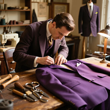 A tailor making a luxurious modern tailored suit, on his work bench in the workshop.
