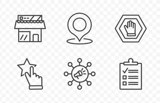 marketing icon set with shop, place, viral, checklist signs in flat outline style