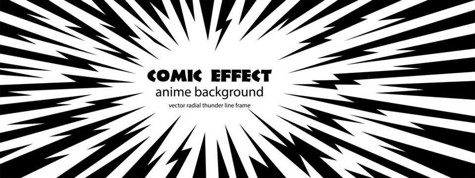 Background anime manga with comic thunder burst and cartoon line radial. Vector shock explosion with bolt lightening explode and superhero action electric. Thunder light background with comic.
