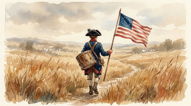 Revolutionary war drummer boy walking through field with american flag